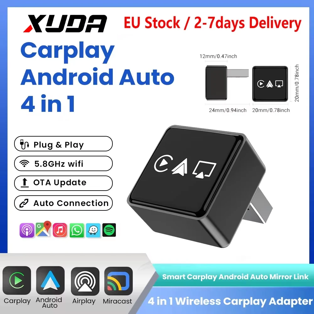 4-in-1 Neuer Upgrade Carplay Adapter Kabelgebunden zu Kabellos Android Auto Mirror Link Smart Mini AI Box USB Plug-and-Play Bluetooth WiFi