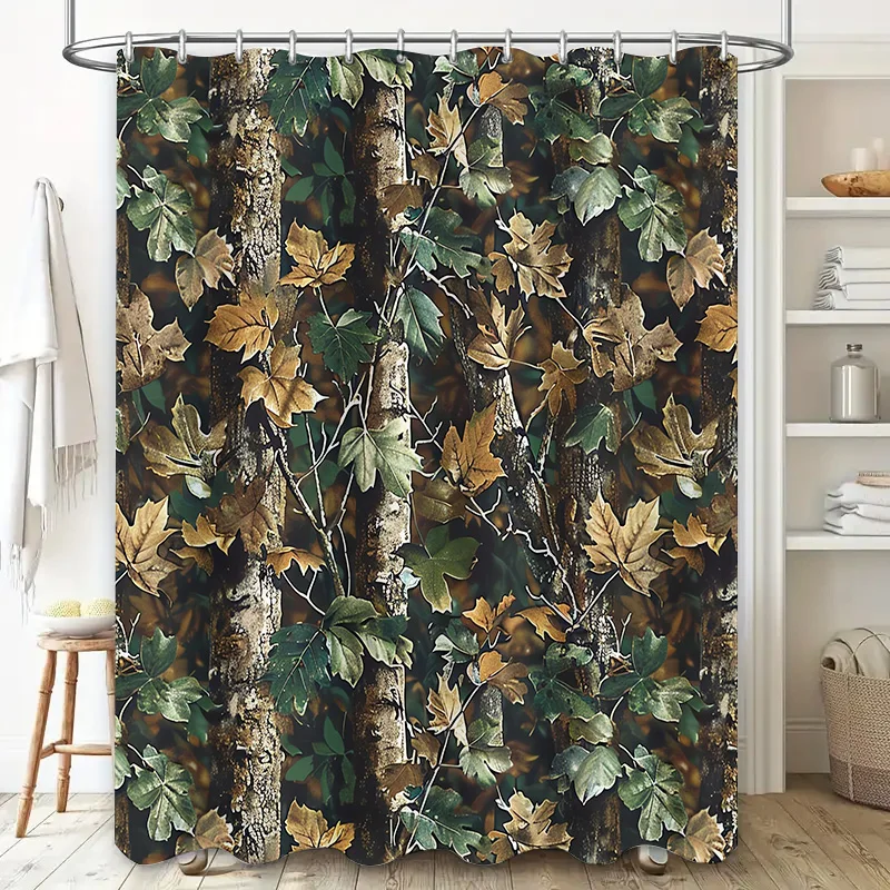Camouflage Leaf Shower Curtain Dark Green Forest Print for Bathroom Decor Waterproof Fabric Shower Caddy with Rings