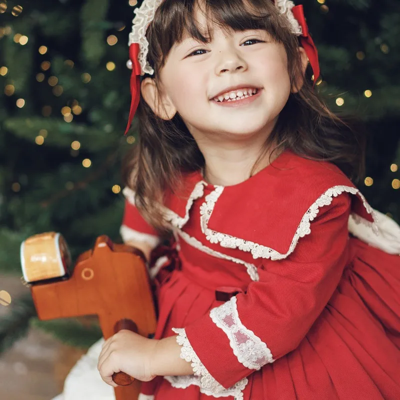 Red Autumn Winter Children's Boutique Quality Lolita Princess Dress for Flower Girls Birthday New Year One Year Wedding Dress