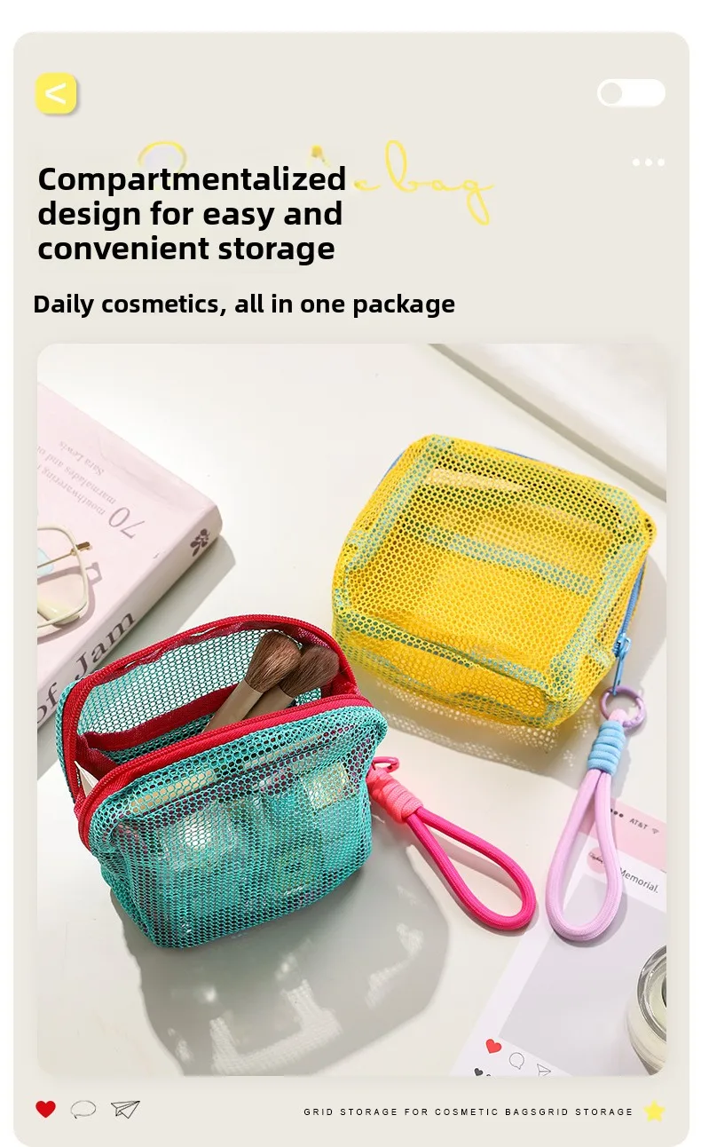 Netzbeutel in Dopamin-Farben, Tragbare Reise-Aufbewahrungstasche für Ladekabel und Toilettenartikel, Mini-Netz-Kosmetiktasche, Schlüsselbeutel, Kartenetui – Detail 4