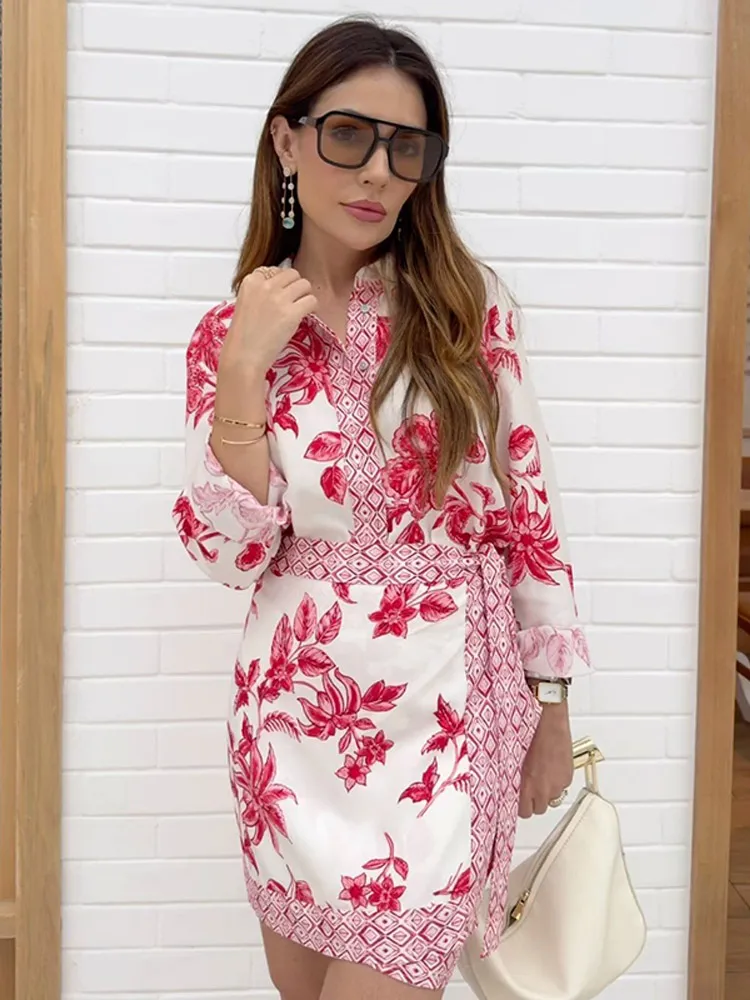 Fashion Red Floral Printed Lace Up Mini Skirt Suits Women Single Breasted Lapel Long Sleeve Tops Sets 2025 Street Party Outfits