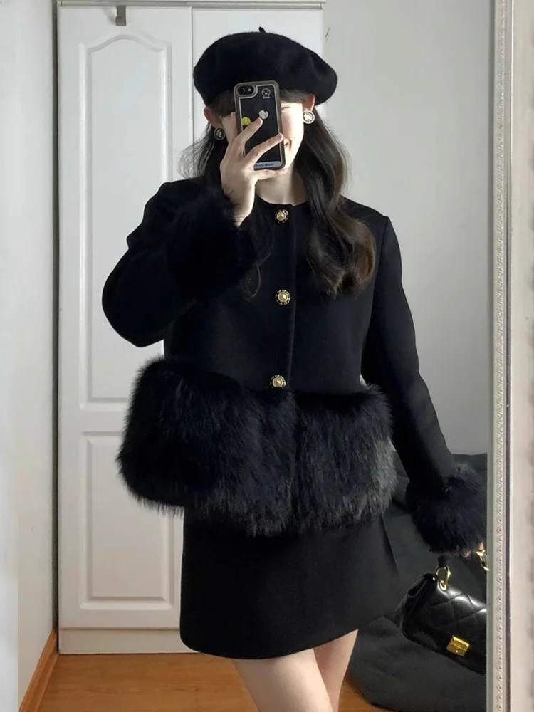 

Winter 2024 New Korean Drama Lady Sle round Ne f Skirt Set Women's Faion Outerwear Patchwork ort Coat And Skirt