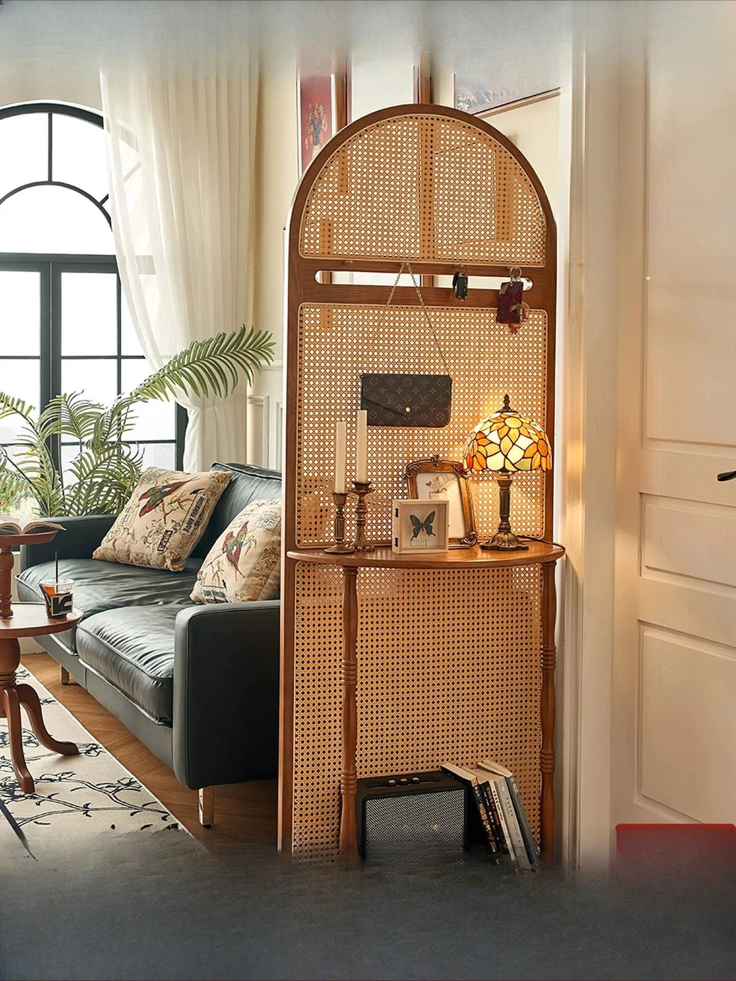 French vintage solid wood rattan screen partition for living room entryway and entrance cabinet, modern minimalist storage rack