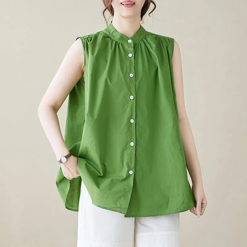 Women Summer Casual Shirt New Arrival 2024 Korean Style Half High Collar Solid Color Loose Female Sleeveless Tops Shirts B3773