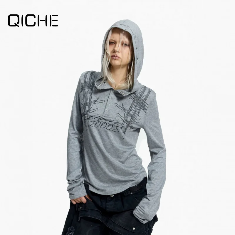 QICHE 2026 Men American Retro Niche Letter‑Pattern Zip‑Free Hooded Long‑Sleeve T‑Shirt Simple Commuter Fashion Top