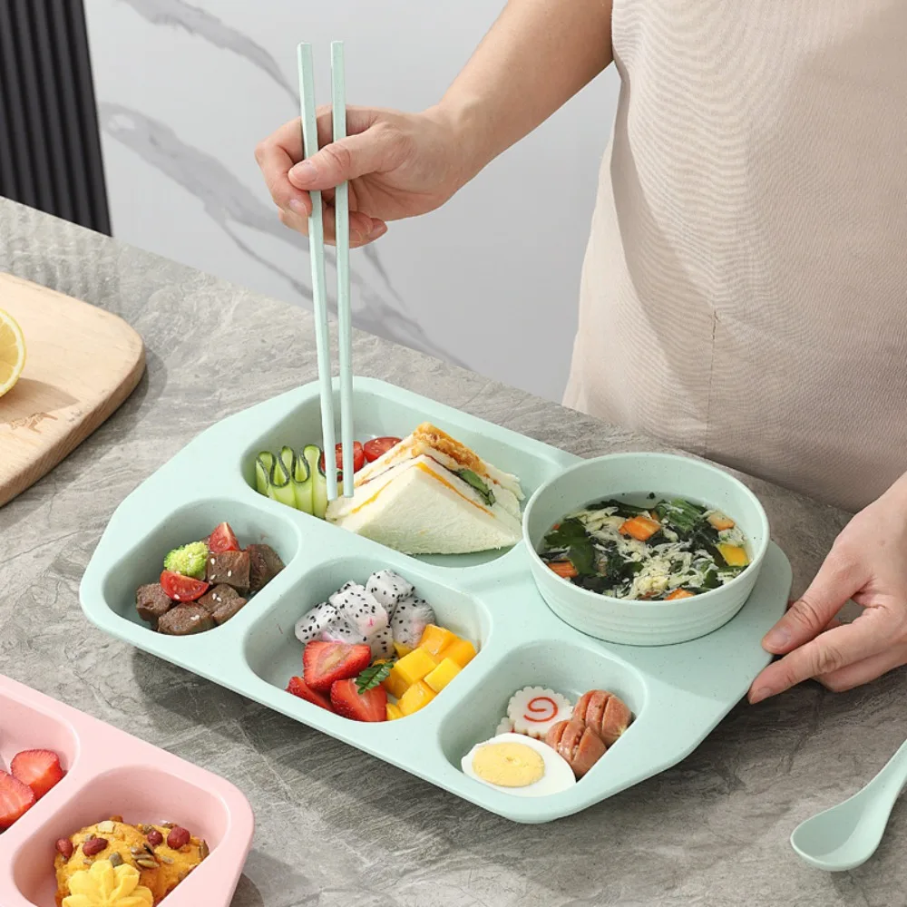 5 Compartment Divided Student Meal Plate Set Microwave-safe with Bowl and Tableware Divided Food Plate Drop-proof Plastic
