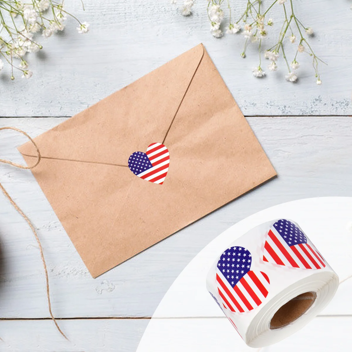 Heart Shape Sealing Decor USA National Flag Pattern Sticker for Gift Envelope Decor (500pcs/Roll)