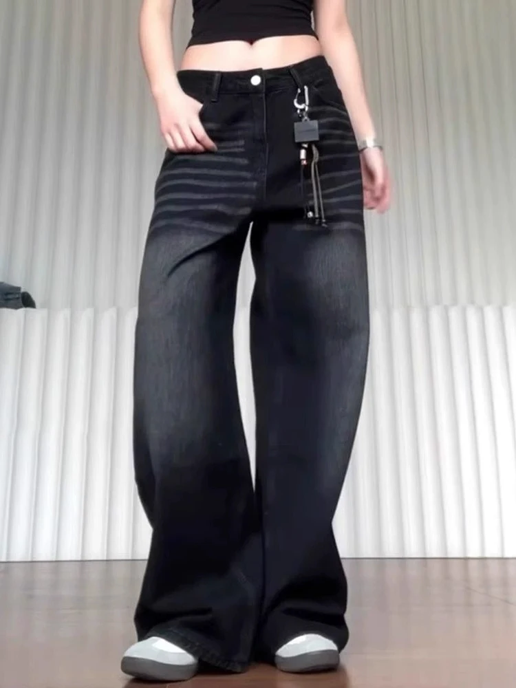 

Y2K Women Distressed Denim Jeans Retro Embroidered Print Wide Leg Long Pants Spring Slim Streetwear Trousers