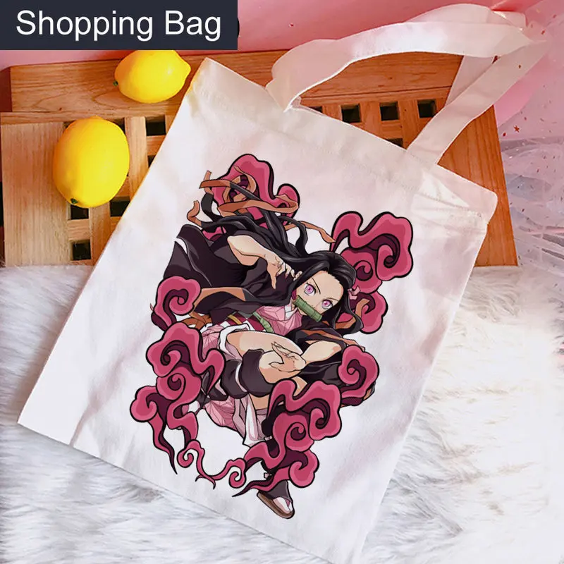 Demon Slayer Printed Women Shoulder Bag Hot Anime Shopping Bags Lady Cartoon ECO Canvas Portable Handbag High Capacity Tote Bag