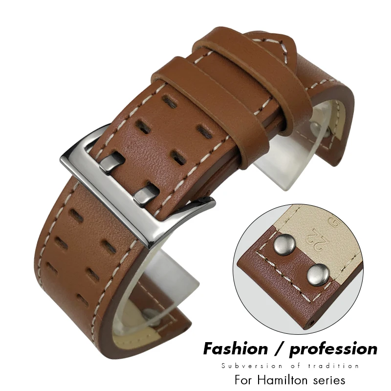 

20 мм 22 мм 21 мм кожаный мягкий ремешок для часов Hamilton цвета хаки авиационное поле дышащий ремешок для часов с заклепками браслеты из натуральной воловьей кожи