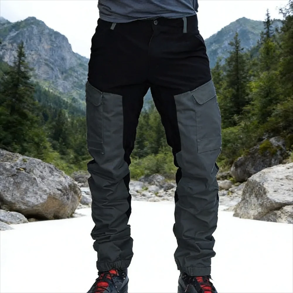 

Mens Slim Fit Cargo Pants Outdoor Motorcycle Casual Multi Pocket Color Block Work Trousers