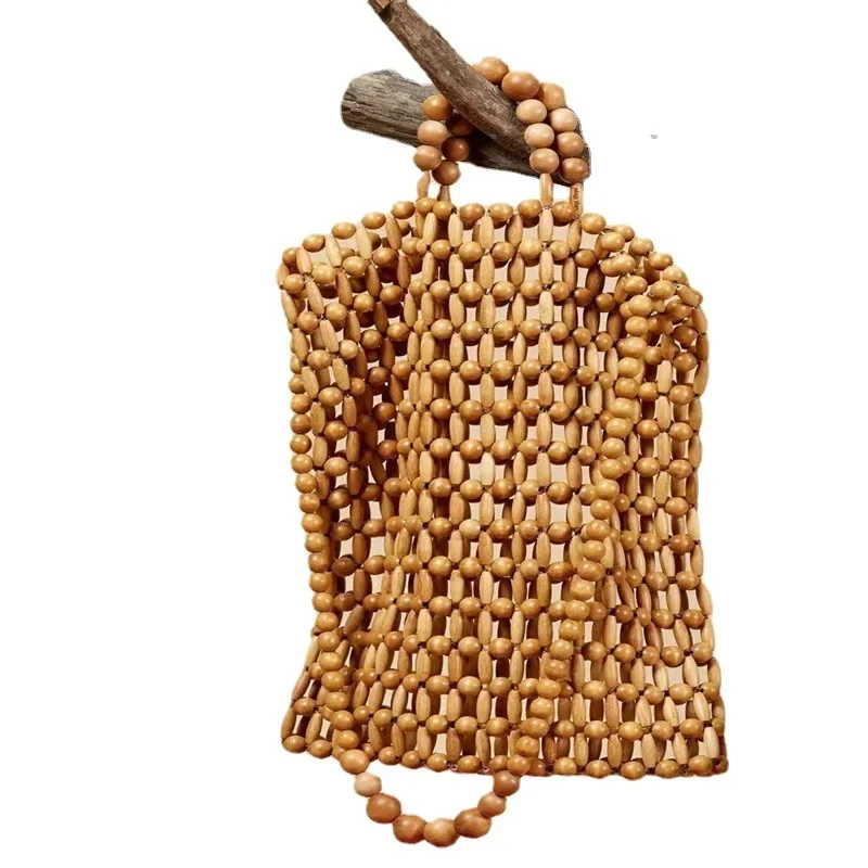 INS Hot Style Handwoven Female Bag Natural Wooden Bead Fashion Handbag Vintage Bamboo Ladies Beach Bag