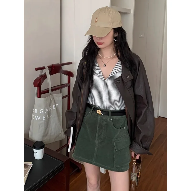 Veste en cuir PU vintage pour femme, pardessus surdimensionné, streetwear décontracté, style américain, vêtements en cuir synthétique