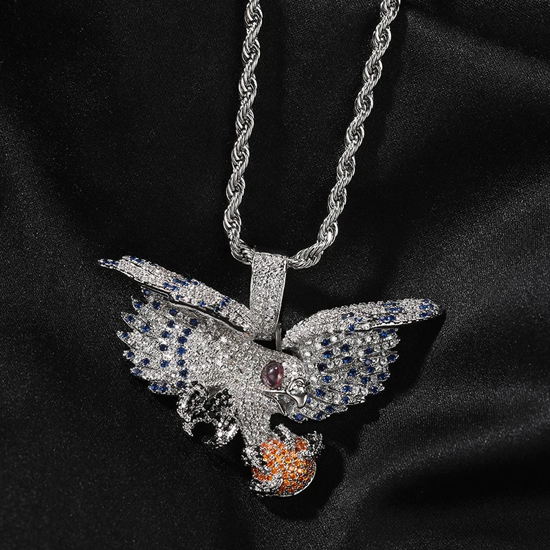Hip Hop 5A+ CZ Stone Paved Bling Ice Out Eagle Falcon Hawk Pendants Necklaces for Men Rapper Jewelry Drop Shipping