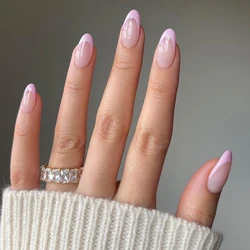 Fashion Women Girls Long Oval Shaped French Pink Border Stripes Full Coverage Wearable Fake Nail Press on Nail Art 24Pcs/Set 
