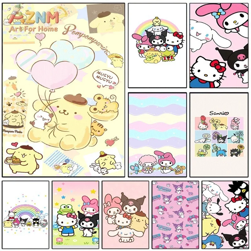 Sanrio Cute Cartoon Poster Pompompurin Hello Kitty Kuromi Rainbow Heart Balloon Canvas Wall Art No Frame Girls Bedroom Decor