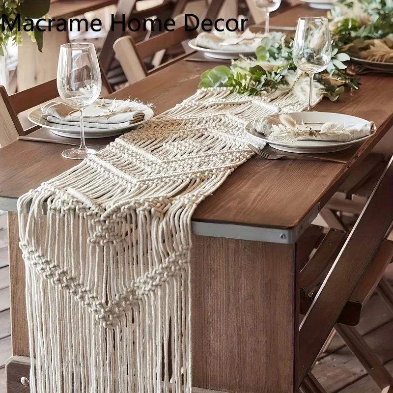 

Bohemian Tassel Table Runner - Handmade Polyester for Halloween, Christmas, Wedding & Birthday- Natural Elegant Farmhouse Decor