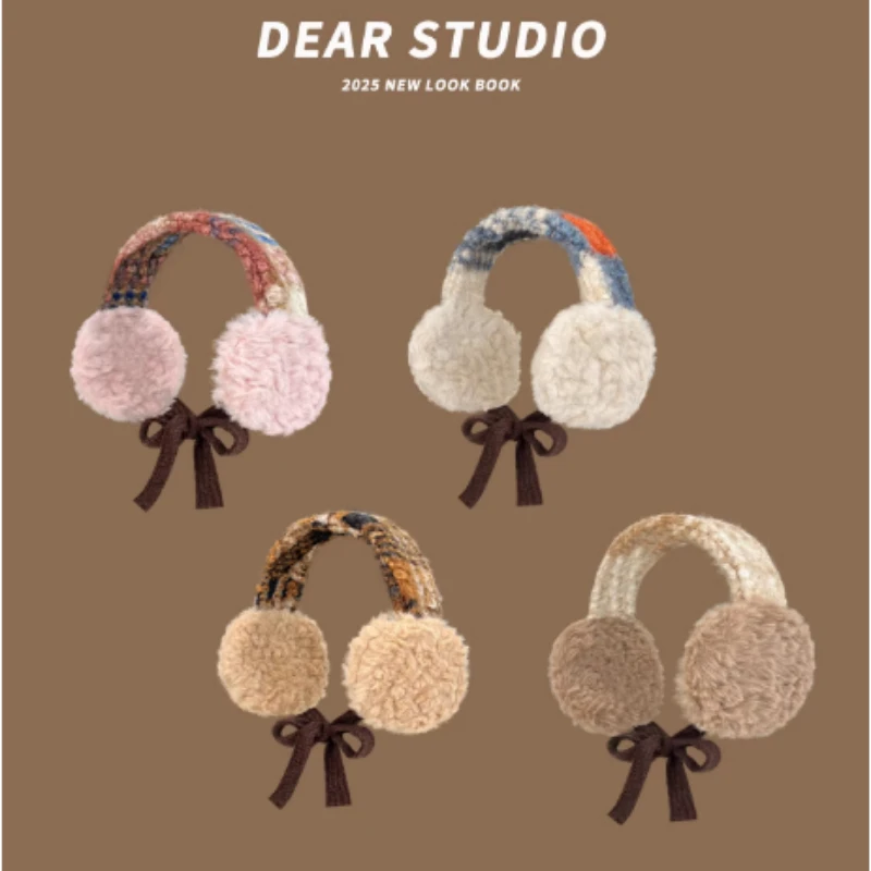 

Корейские новые модные цветные блокирующие овечьи шерсти, зимние теплые наушники, женские уличные велосипедные наушники, теплая повязка на голову на шнуровке