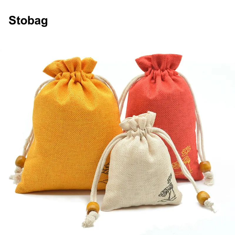 

StoBag 50pcs Wholesale Chinese Lotus Linen Bag Cloth Candy Gift Jewelry Package Drawstring Storage Bundle Pocket Reusable Pouch