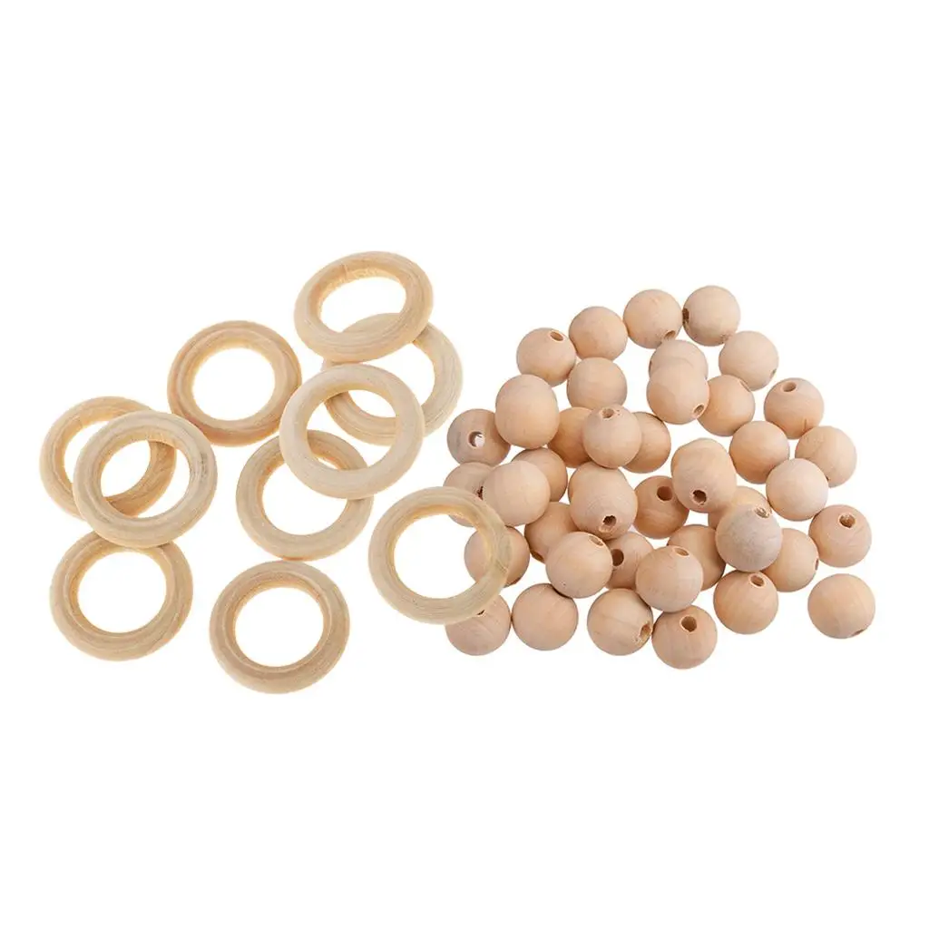 60pcs Rings Wooden Beads Unfinished for Macrame Jewelry Charms Craft Making DIY