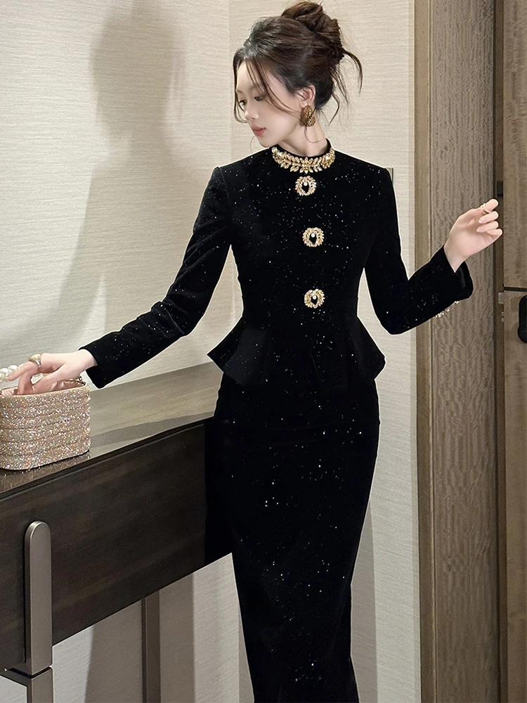 Elegantes Damen-Midikleid Retro Samt Schwarz Fake 2-Teilig Glänzend Langarm Schlank Geschäftlich Formell Party Abend Vestidos Robe