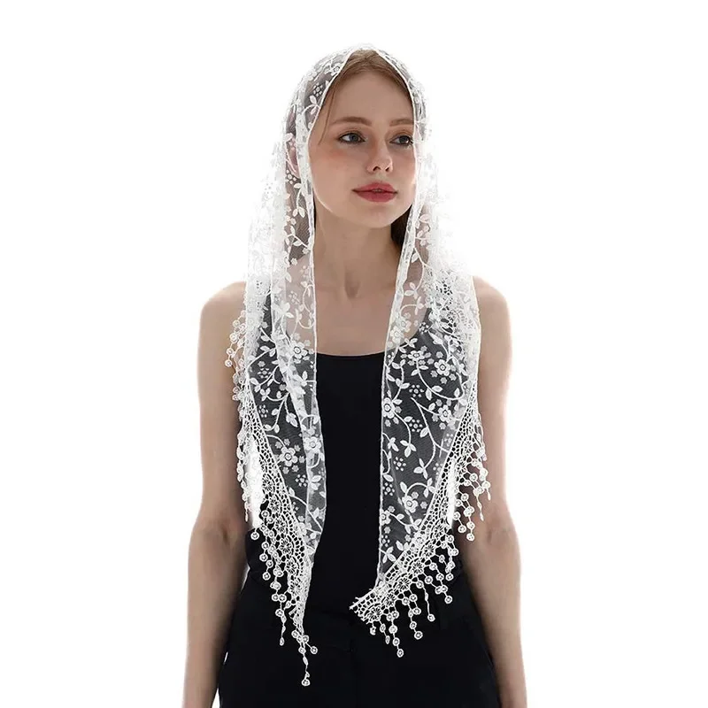 Fashion Triangular Scarf Prayer Veil Lace Shawl For Muslim Woman Headscarf Hollow Floral Summer Wedding Cape 150*40cm