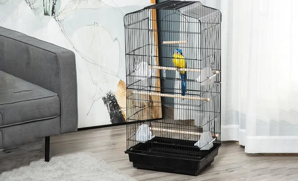 Vogelkäfig mit Futterstellen, Sitzstangen und herausnehmbarer Ablage. 46L X 36L X 92H cm Metall PS Schwarz Weiß – Detail 2