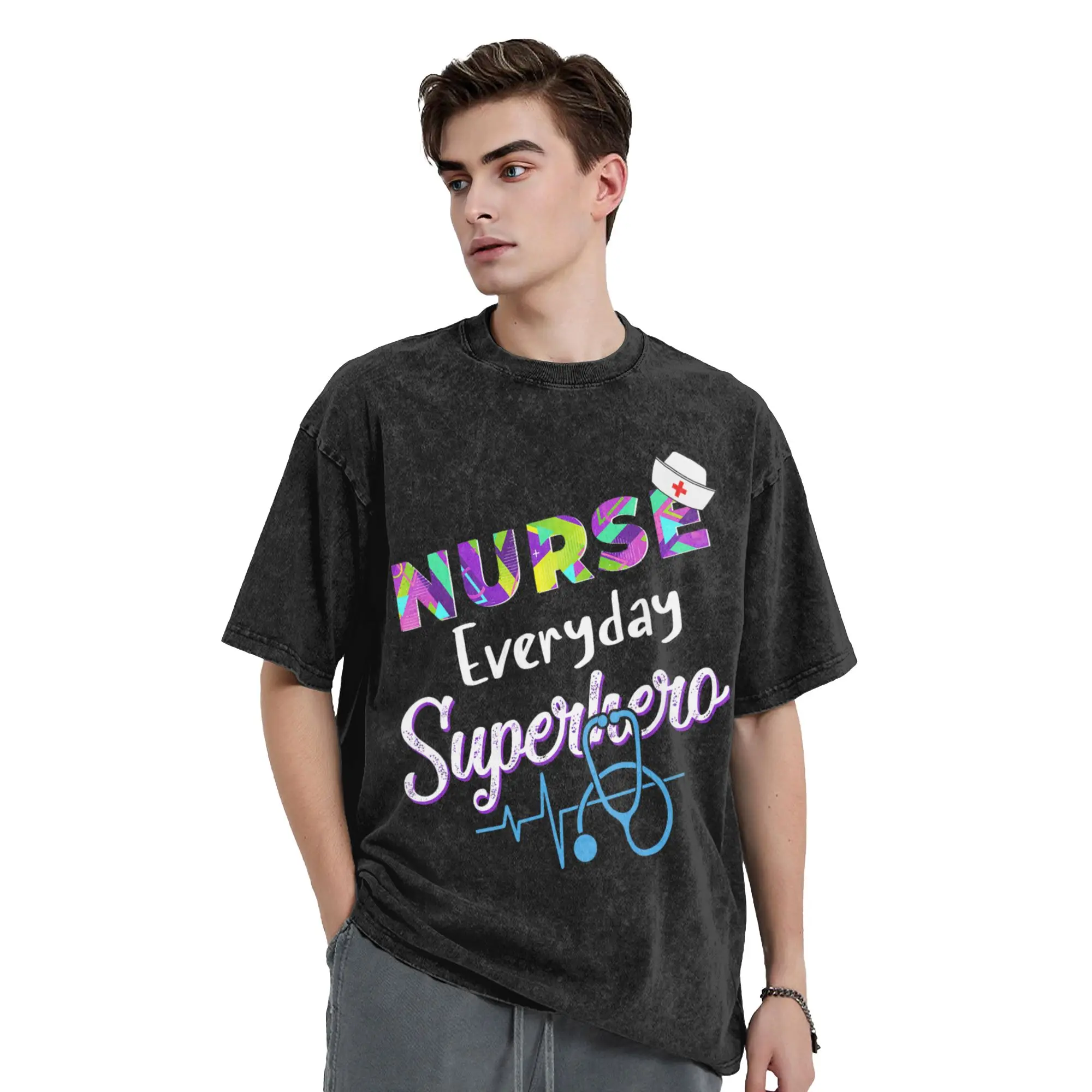 Washed T Shirt Nurse Every Day Superhero Hip Hop Cool T-Shirts Nurses Day Streetwear Cotton Graphic Printed Tees for Men Women