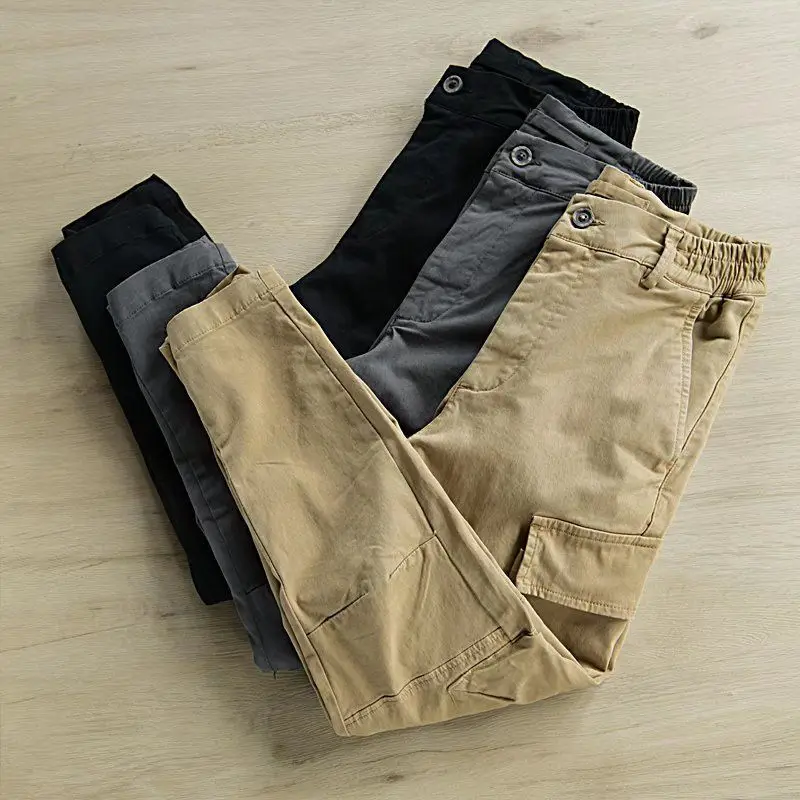 American Washed Distressed Cargo Pants Men Loose Tapered Trousers Youth Casual Cropped Pants Multi Pocket Fashion Male
