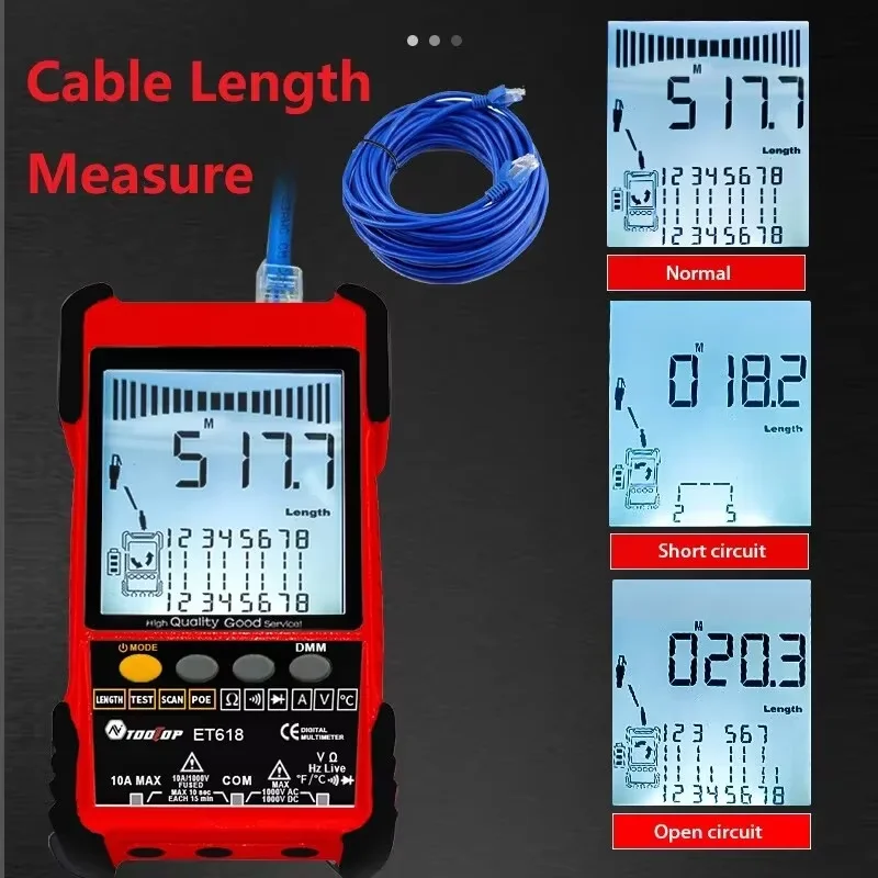 TOOLTOP Network Cable Tester Multimeter Anti-noise POE Lan Test 400M/600M Length Measure Sensitivity Adjustable Line Tracker