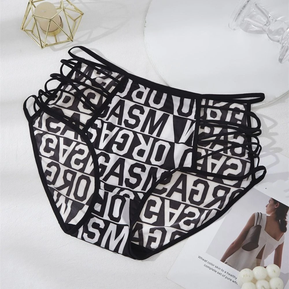 

Fashion Mid Waist Leopard Panties Bowknot Letter Printed Ice Silk Briefs Women Underwear Spaghetti Belt Hollow Underpants Party