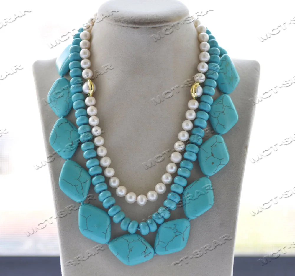 Z12015 3Row 19'' 34mm Blue  Rondelle Turquoise White Pearl Necklace