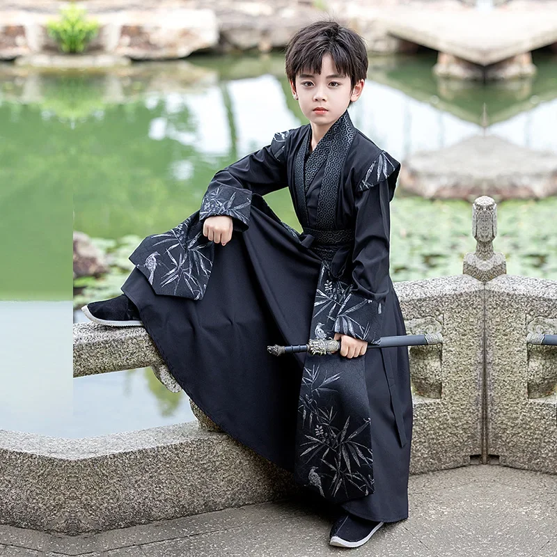 

Kids Chinese Traditional Swordsman Perform Tang Suit Hanfu Stage Costume Boys Handsome Ancient Prince Robe Children Cosplay