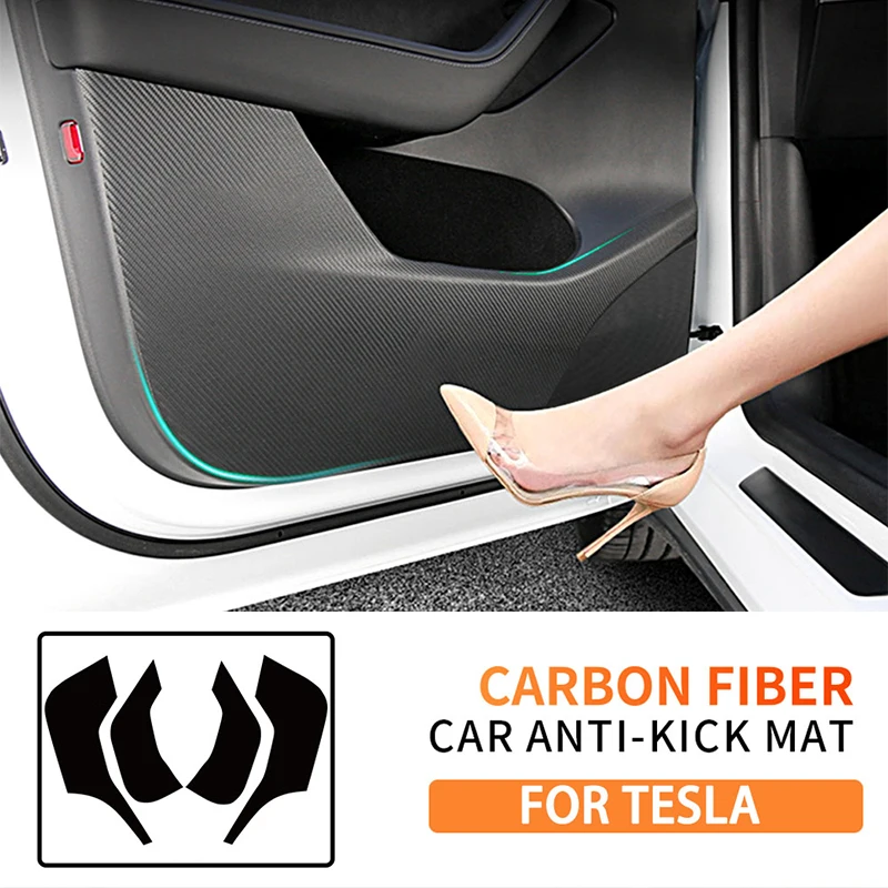 4pcs Car Door Anti-kick Mat Scratch Resistant Waterproof Carbon Fiber Stickers for Tesla Model Y 3 Auto Interior Accessorie