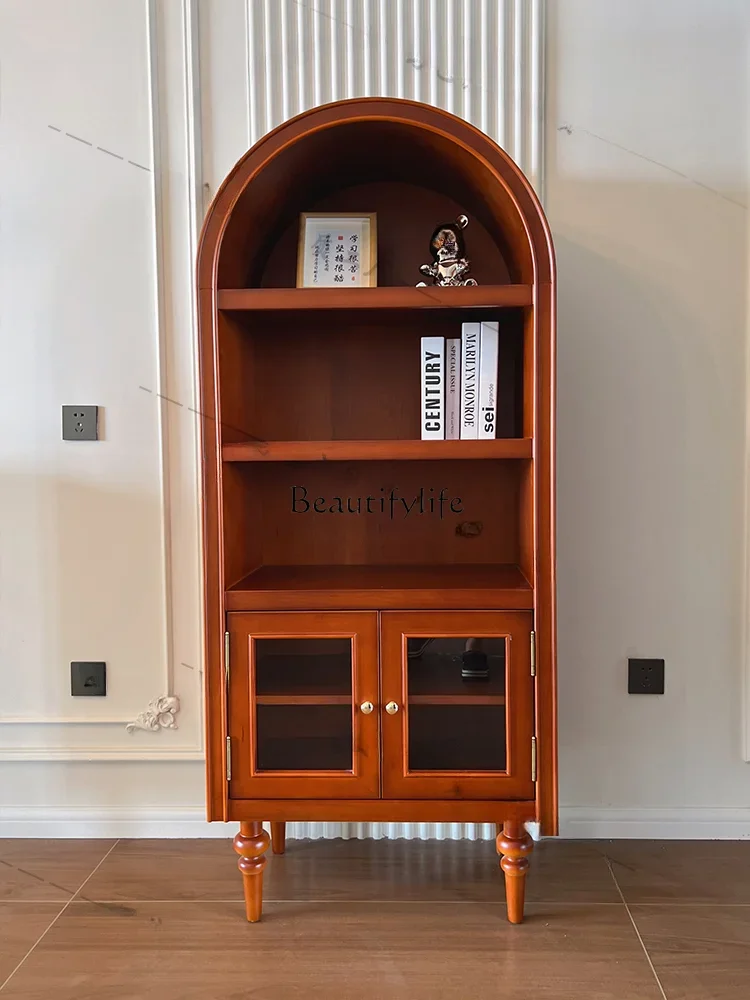 

44American Light Luxury Style Solid Wood Bookcase Small Apartment Living Room Storage French Retro Arched Sideboard Cabinet