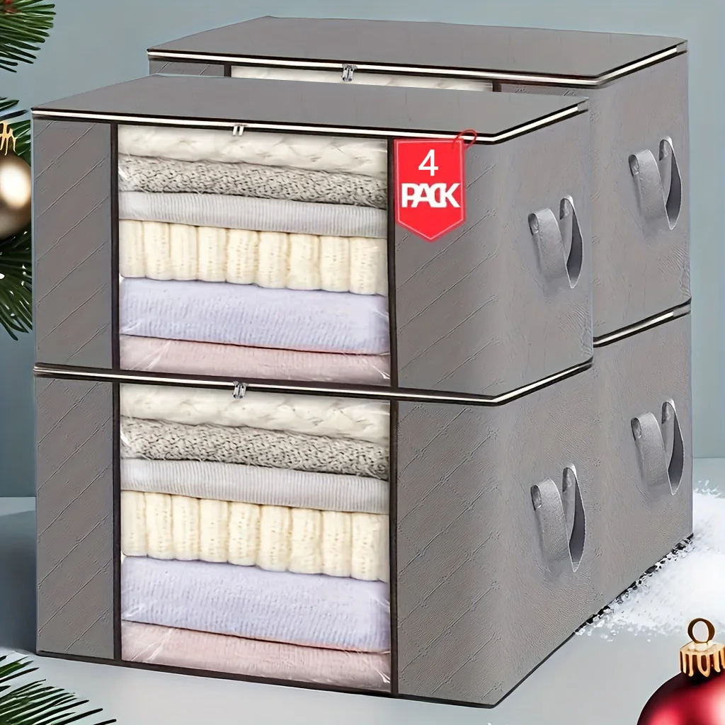 4-teiliges Set Kleidungsaufbewahrungstaschen, Faltbare Sortier-Taschen aus Vliesstoff, Geeignet für Daunendecken, Decken, Bettwäsche