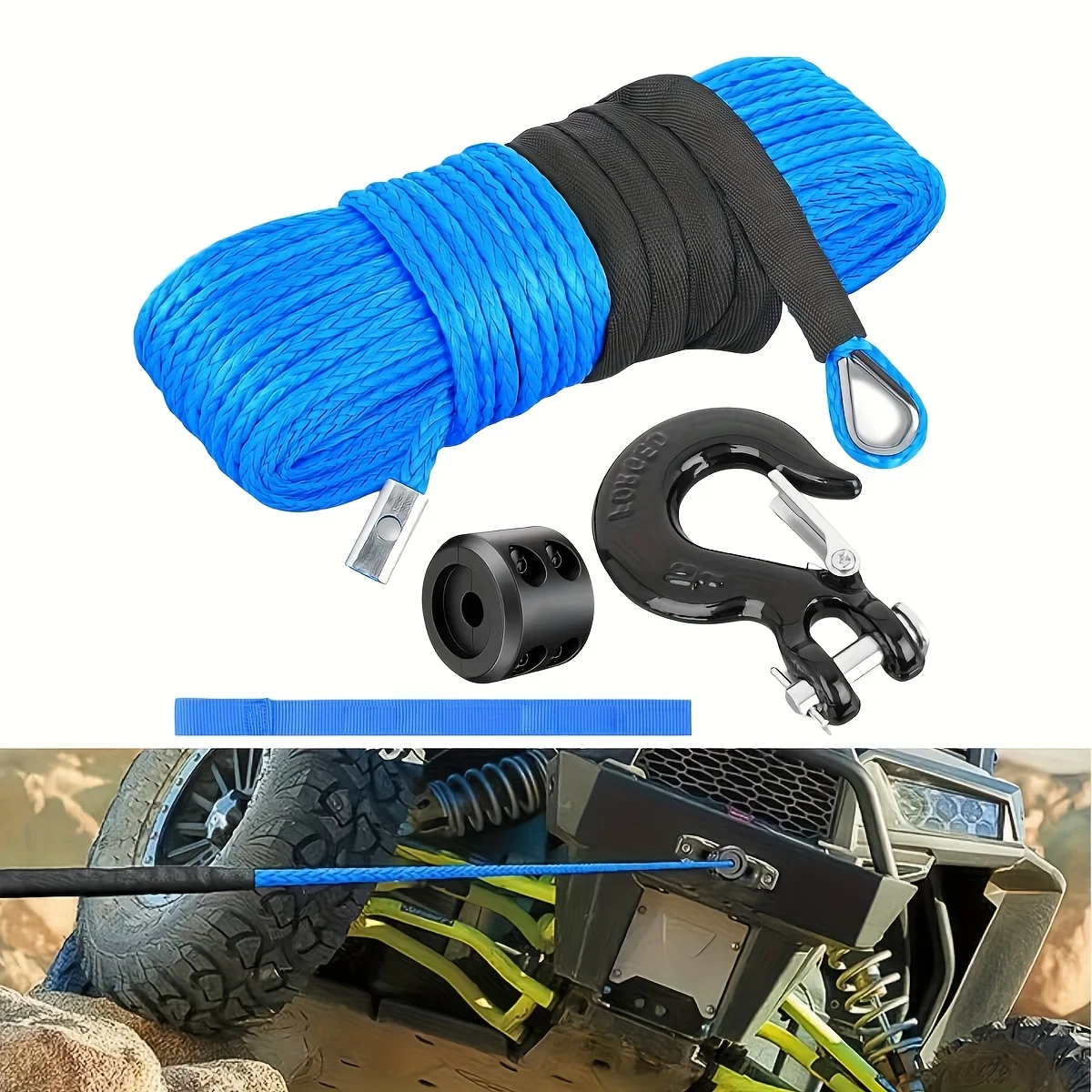 

1/4 Inch X 50 Feet Winch Rope Synthetic Winch Line Cable Universal for ATV UTV 4x4 Off-Road Vehicle 2377.55gal Winch Line Ropes with Steel Hook Rubber Stopper Protective Sleeve Safety Strap, Blue