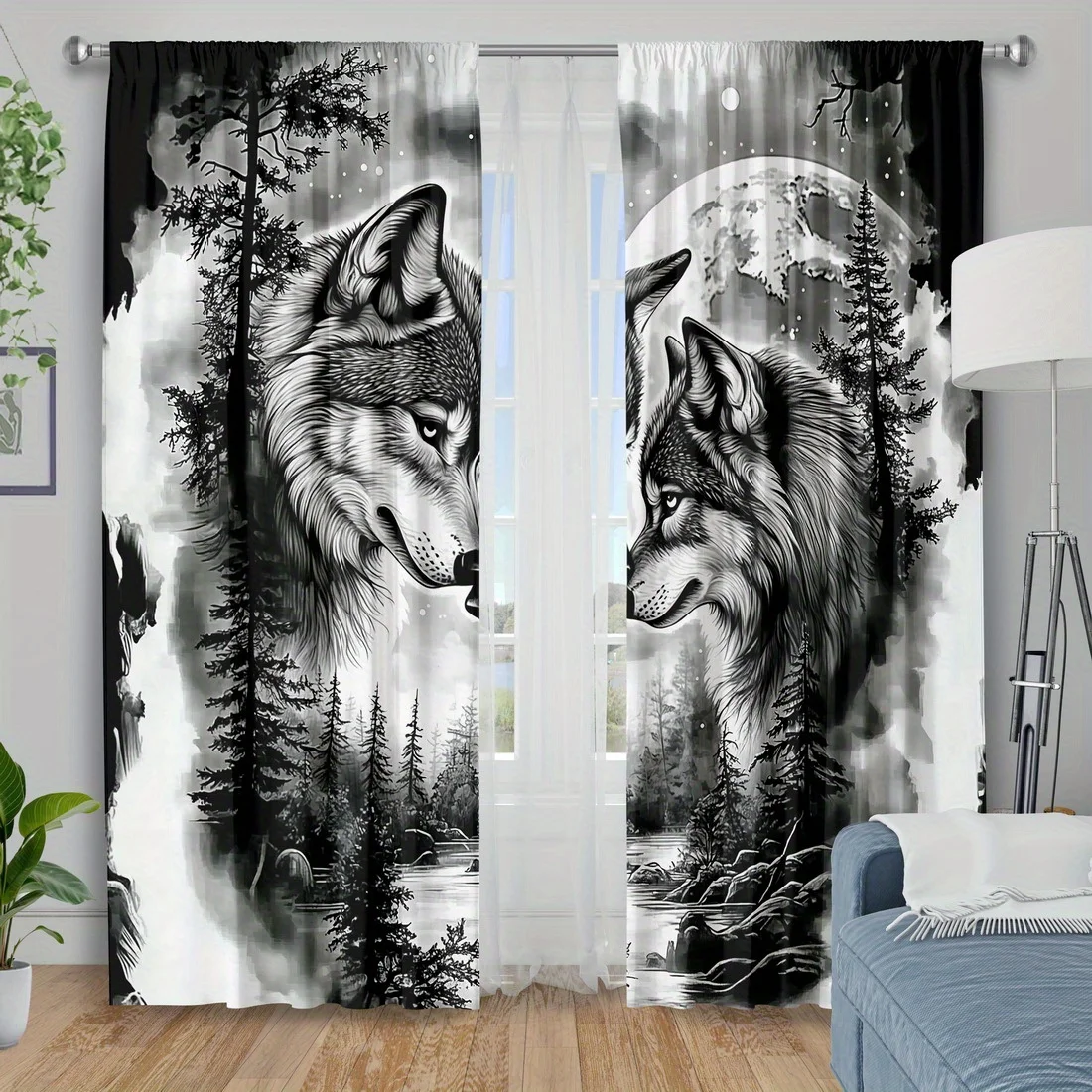 Dramatic Wolf Portrait Curtains Black and White Forest Landscape Print Window Drapes for Modern Rustic Living Room Decor