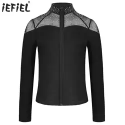 Kids Girls Figure Skating Jacket Rhinestones Sport Tops Stand Collar Long Sleeve Sweatshirt for Gymnastics Dance Performance