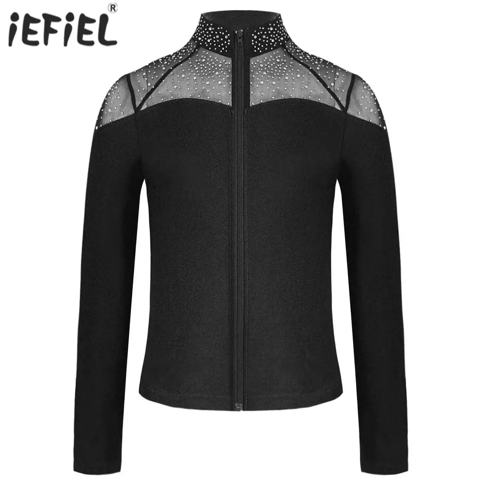 Kids Girls Figure Skating Jacket Rhinestones Sport Tops Stand Collar Long Sleeve Sweatshirt for Gymnastics Dance Performance