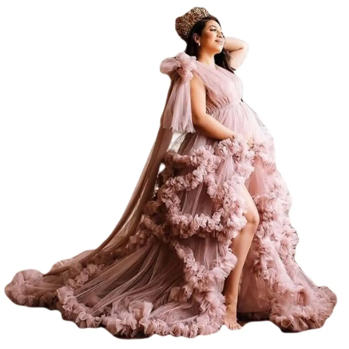 Chic Ruffle Evening Dresses Women Tulle Dress for Maternity Photoshoot Elastic Waistband Front Open Ruffled Robe for Babyshower