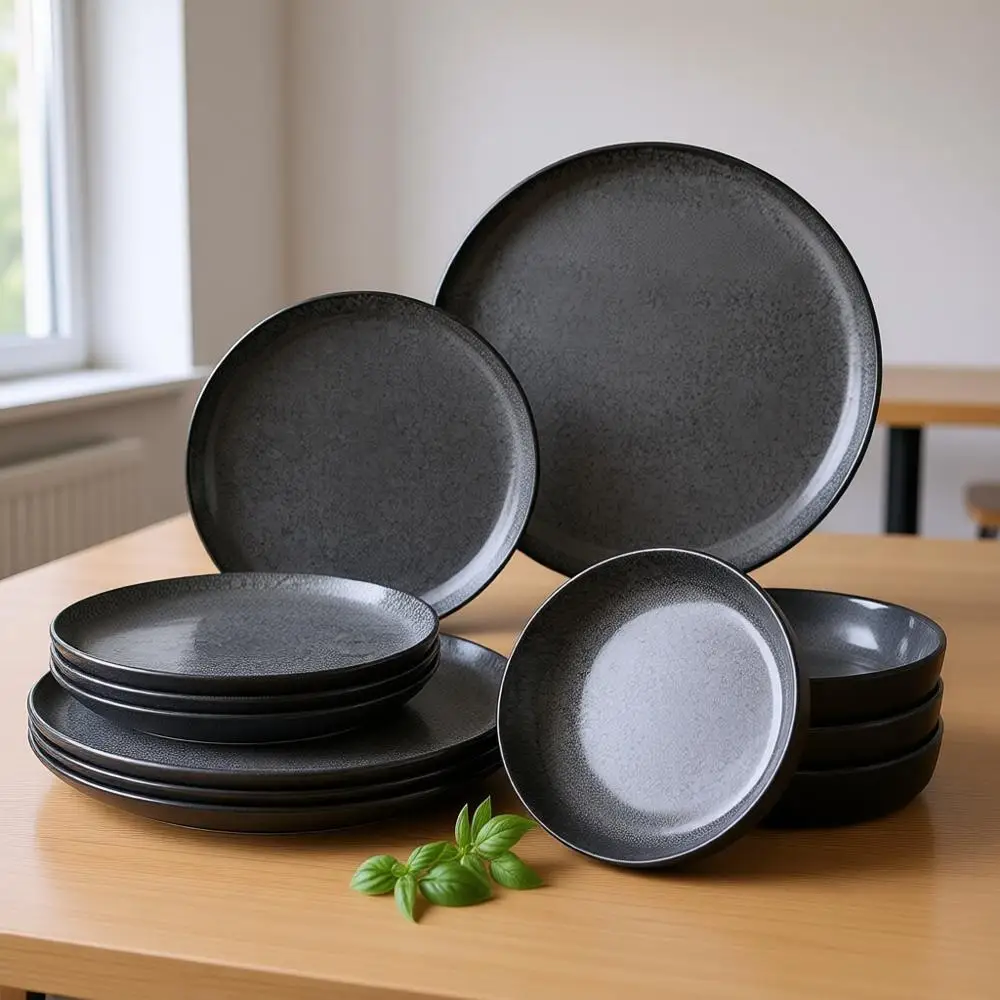 

12-Piece Porcelain Dinnerware Set | 4 Dinner Plates, 4 Dessert Plates, 4 Bowls | Grey Ceramic Tableware, Microwave & Dishwasher