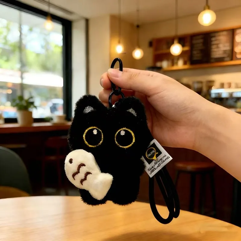 

Rearview Mirror Pendant Decoration Cool Plush Black Cat Keychain Bag Pendant Charms Car Keyring Accessories for Men and Women
