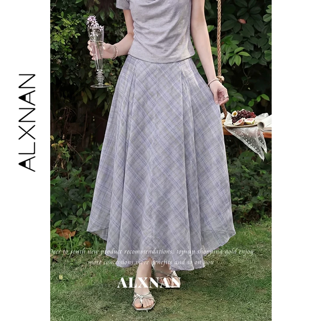 

ALXNAN Gray-purple Plaid Long Skirt High Waist Elegant Irregular Midi Skirt Women 2026 Summer Fashion Holiday Skirts DYL662696