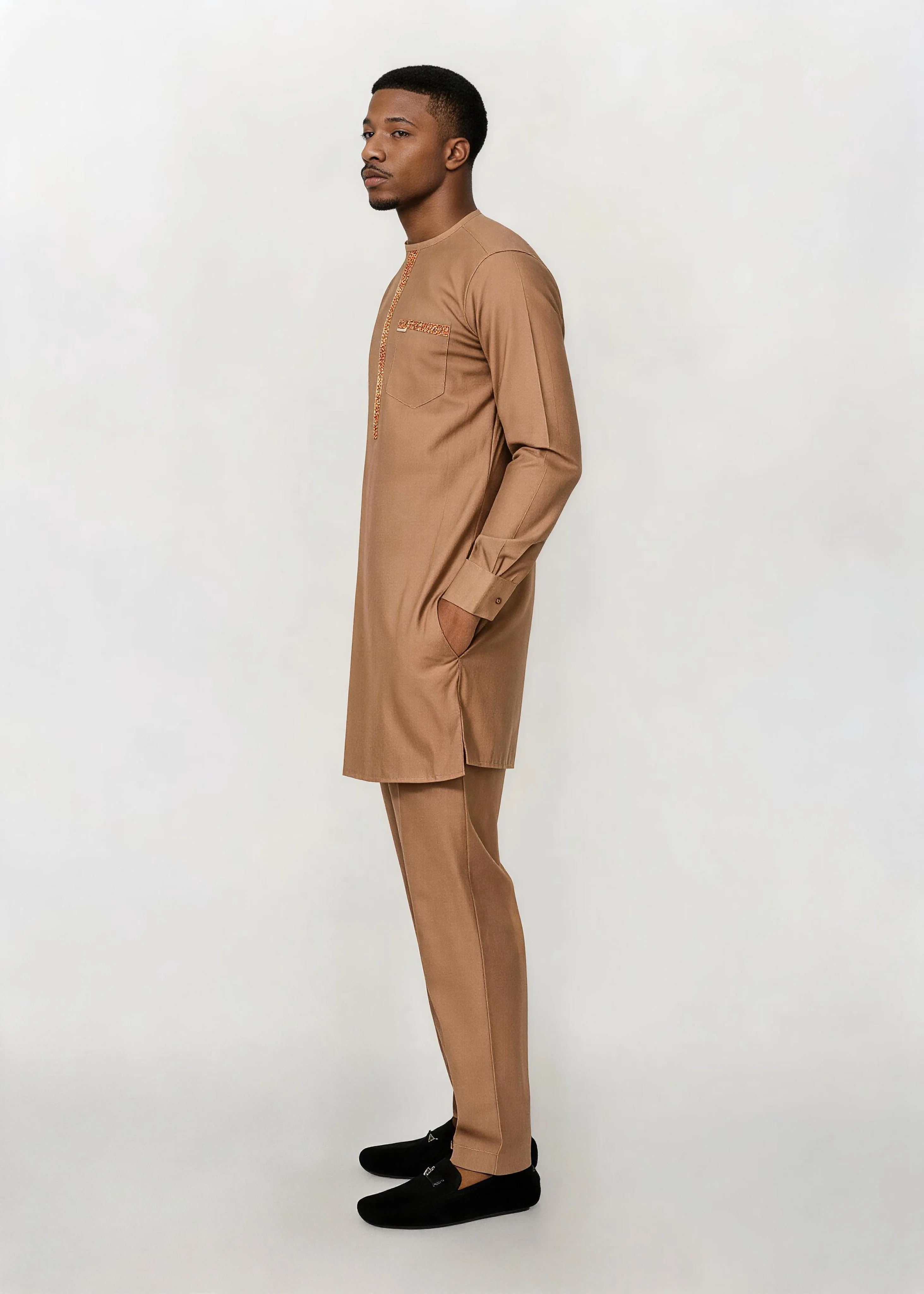 Men Muslim 2Pcs Kurta Pant Set Gold Embroidery Long Sleeve African Eid Thobe Outfit