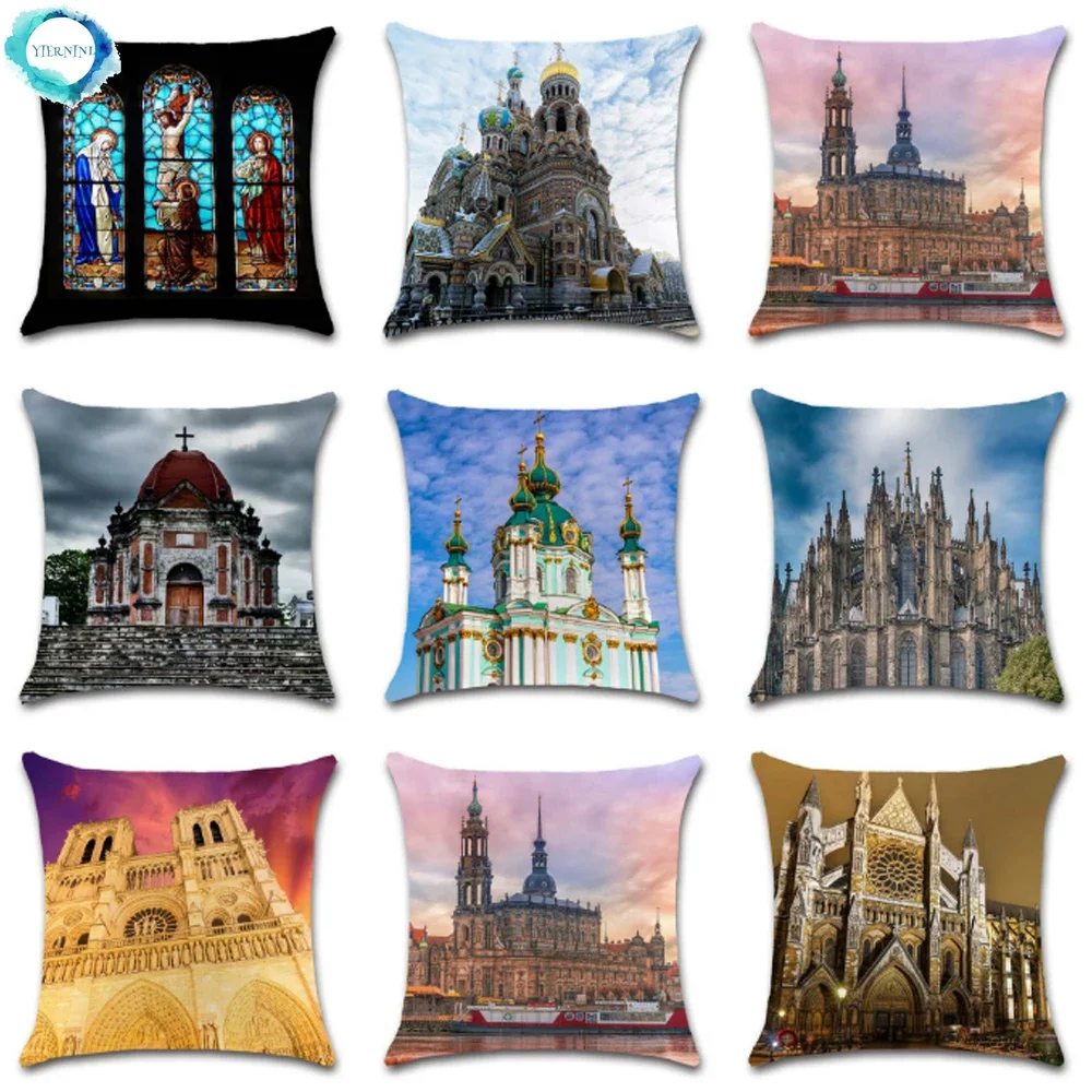 Art Classical Building Cathedral Church Print Cushion Cover Home Sofa Square Decorative Polyester Pillowcase Fundas De Cojin