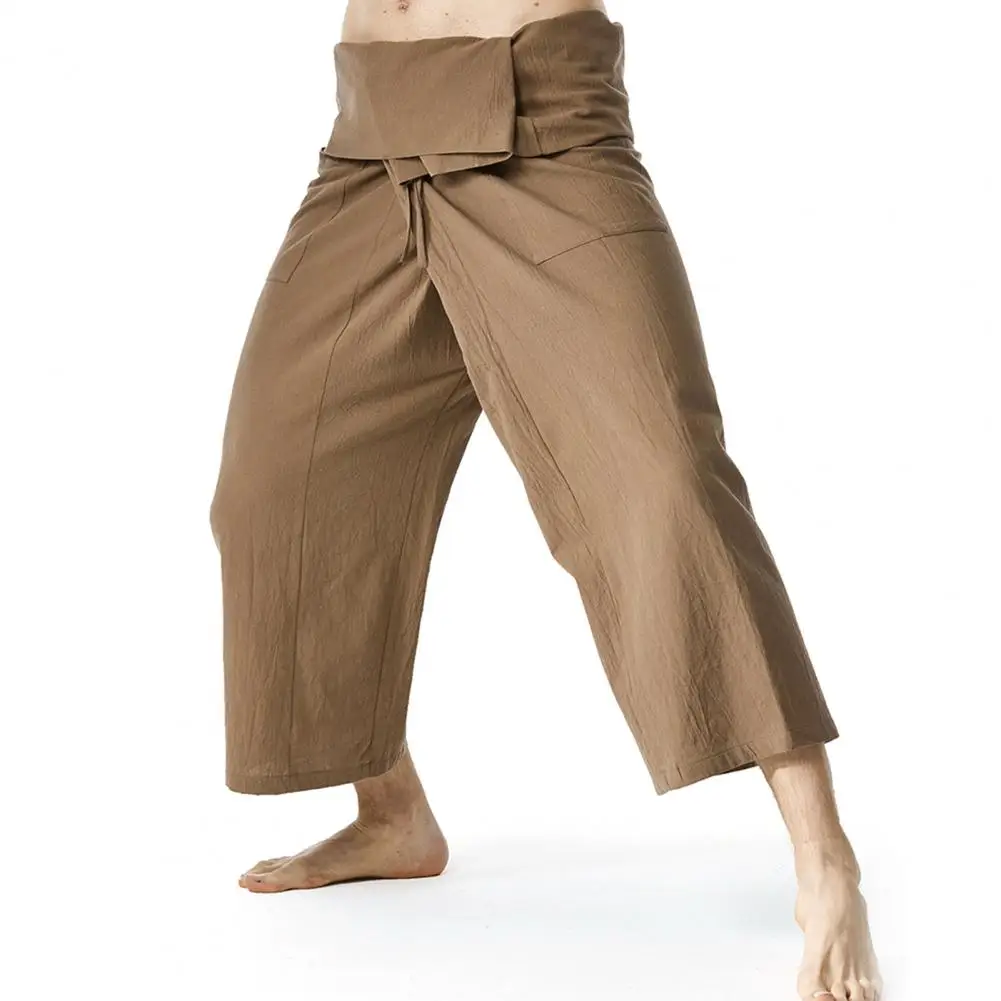 Flax Thai Fisherman Pants Loose Men Harem Trousers Solid Color Drawstring Wide Legs Martial Arts Trousers Casual Pirate Pants
