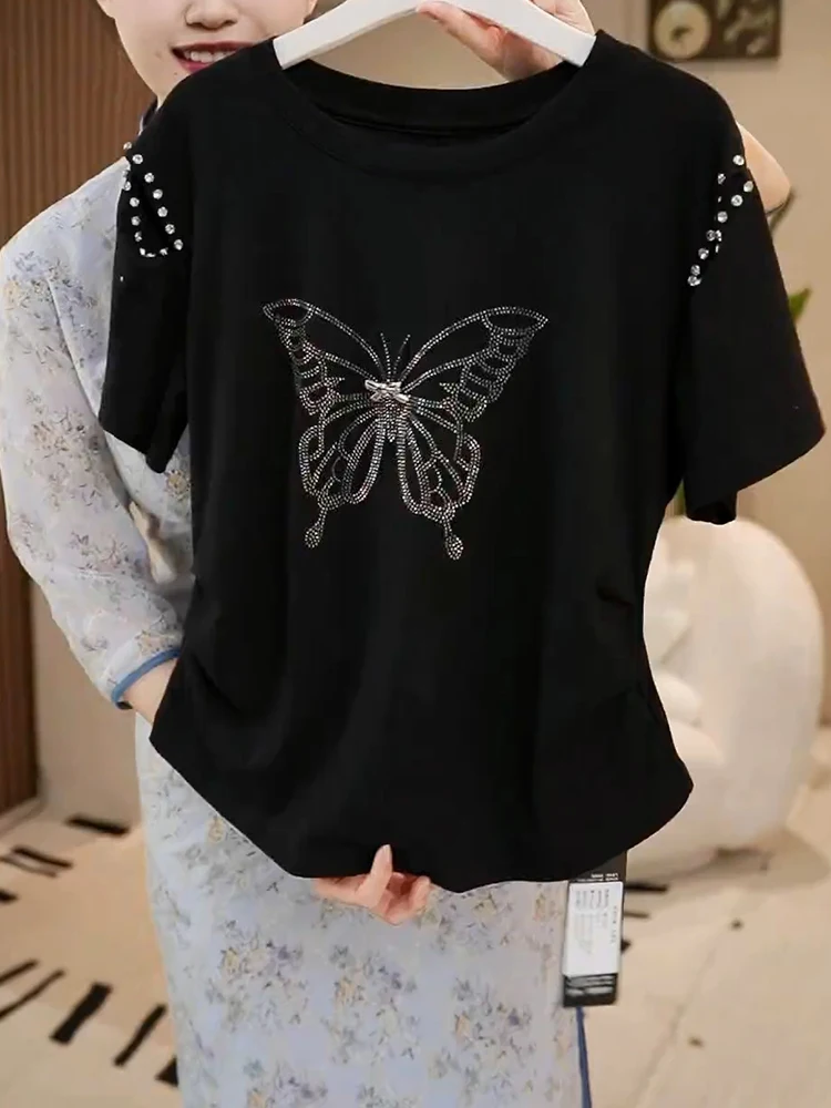 

Лето 2023, футболка больших размеров Faionable ort Sve, универсальный утягивающий корейский топ с тяжелой вышивкой и бусинами