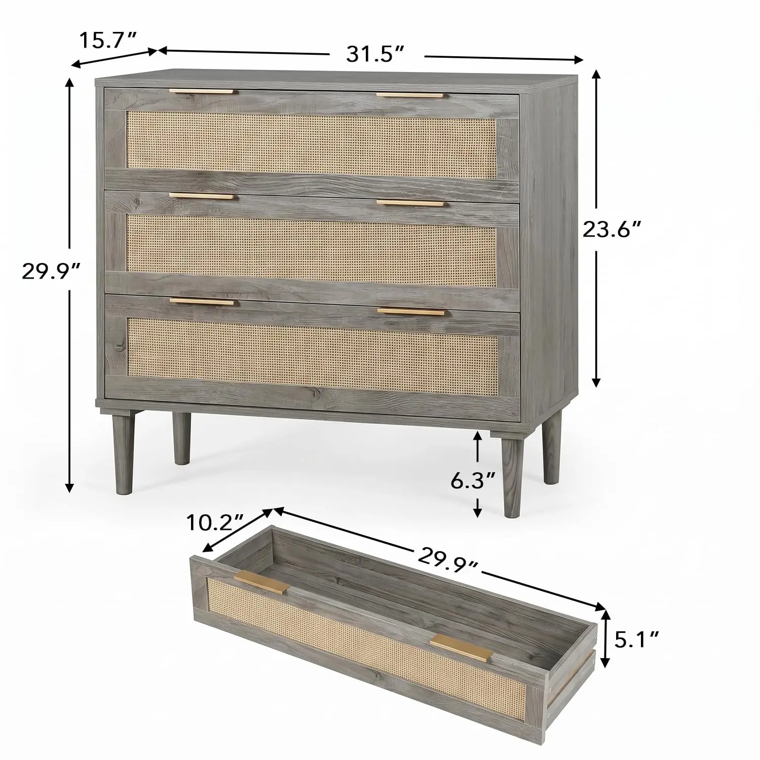 Large Nightstand Rattan Drawer 3 Drawer Bedside Table Bedroom Wooden End Table Queen & King Bed, Customized