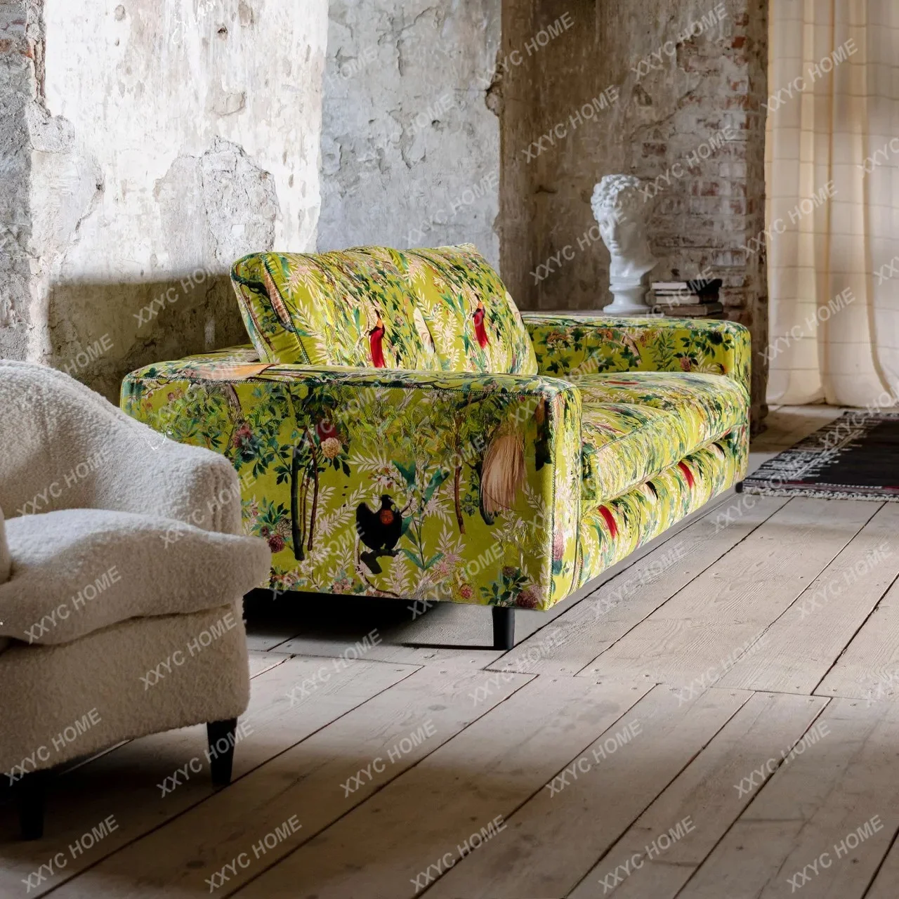 XX yellow pastoral wide armrest fabric three-person sofa